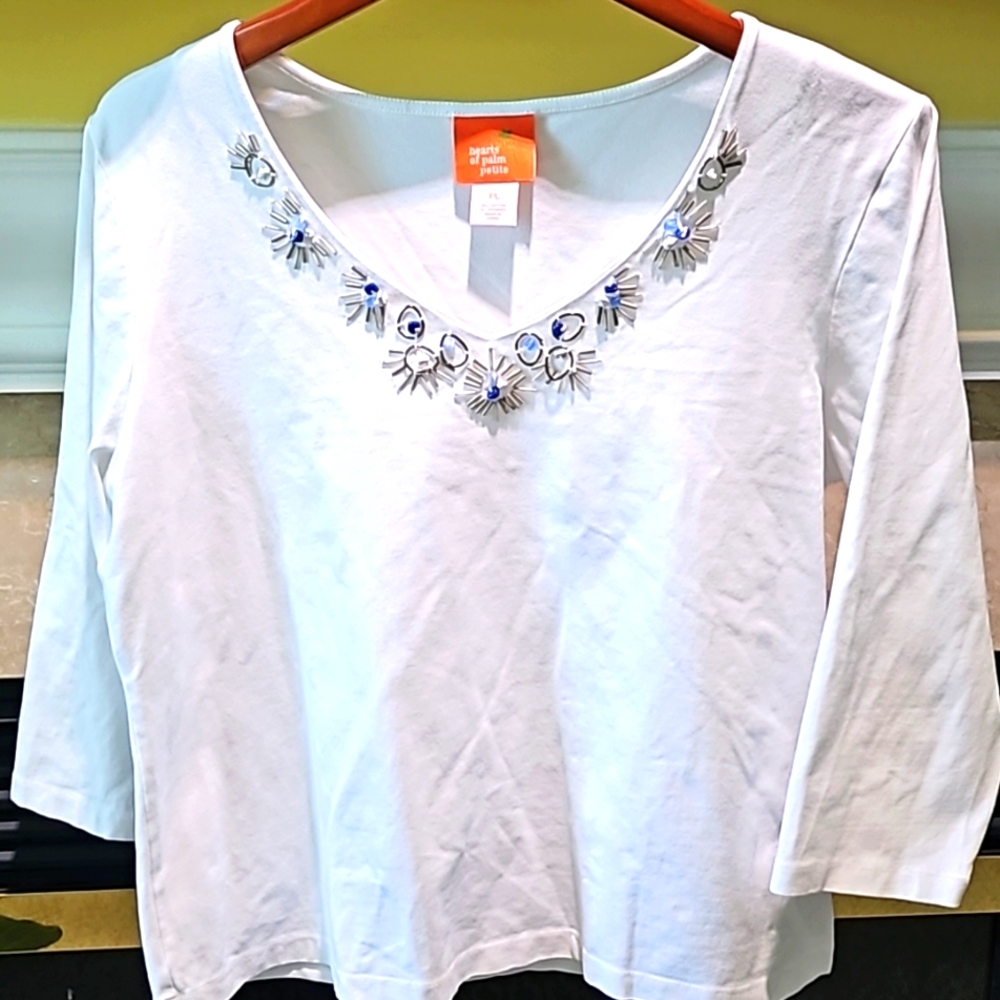 Heart of Palm White t-shirt 3/4 length sleeves with metal and stone dazzle PL